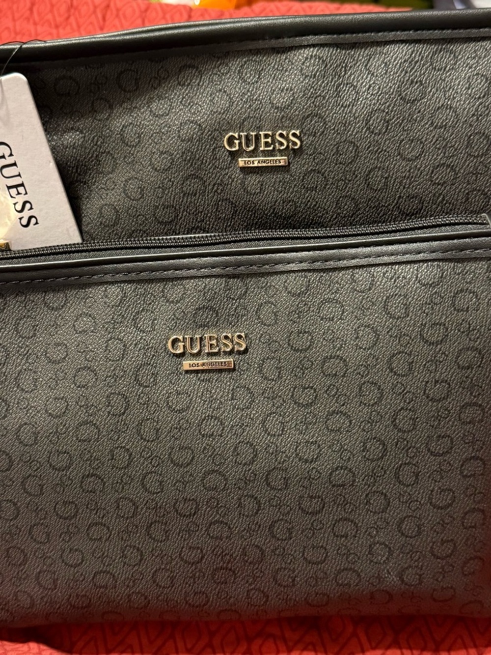 NEW 2 PC GUESS BLACK , LOGO DESIGN,TRAVEL BAG,COSMETIC POUCH